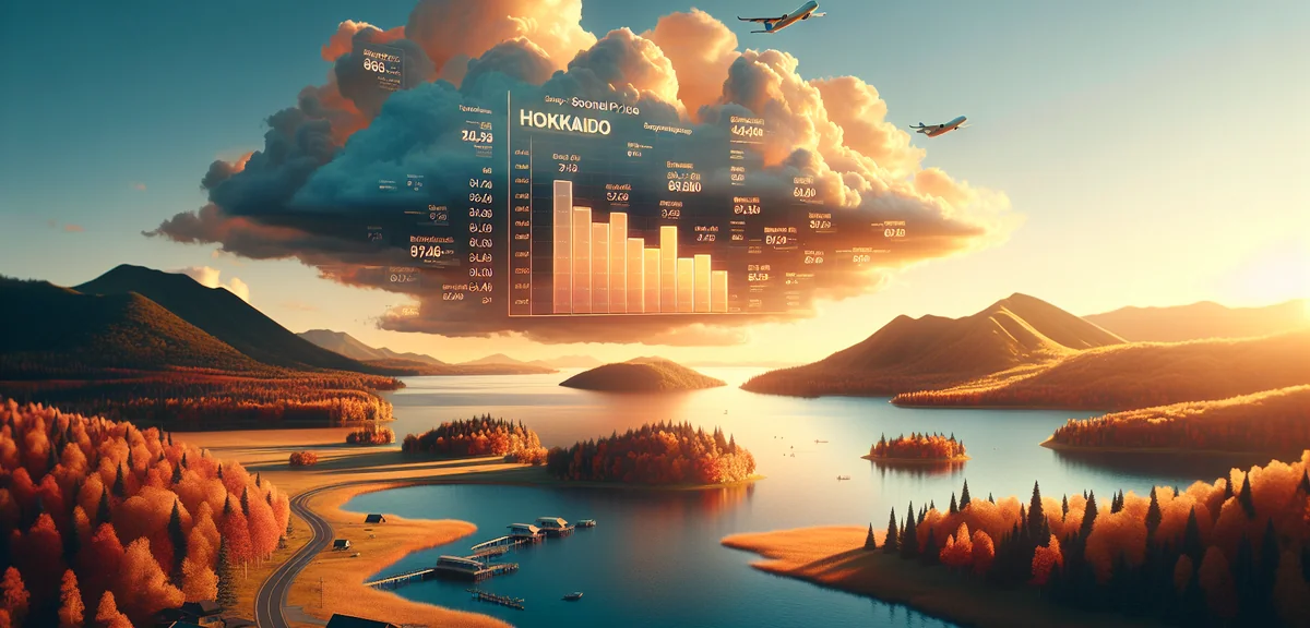 Seasonal price chart for Hokkaido flights with beautiful landscape background, professional infograp