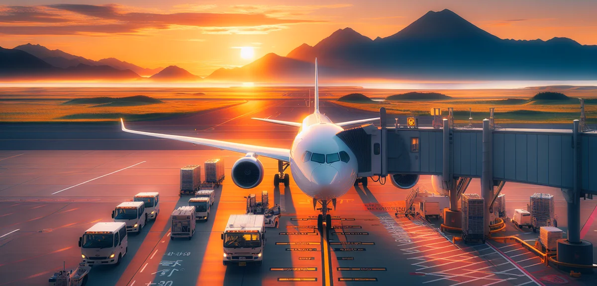 ANA or JAL airplane at New Chitose Airport gate with Hokkaido mountain view, professional aviation p