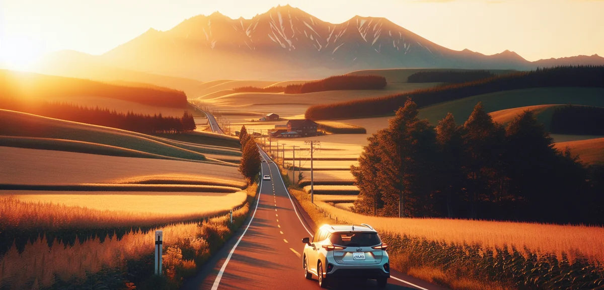 Scenic drive on Hokkaido country road with rental car and beautiful landscape, professional travel p