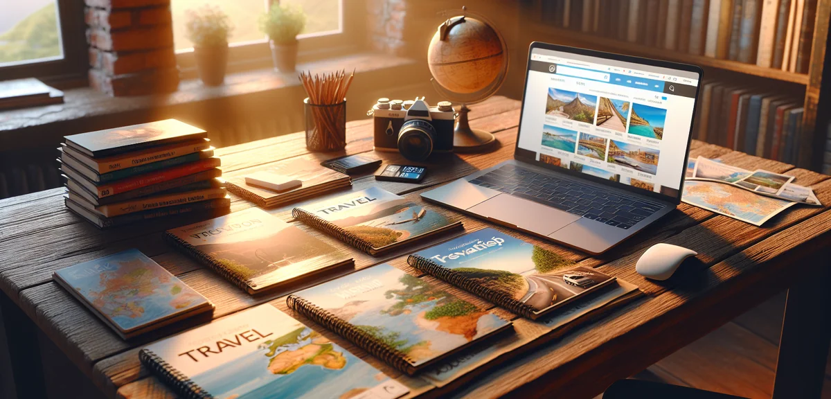 Travel agency brochures and laptop showing tour comparison website on wooden desk, cinematic photogr
