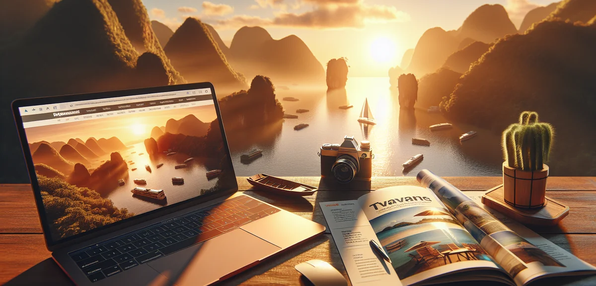 Travel agency brochures and laptop showing tour comparison website on wooden desk, cinematic photogr