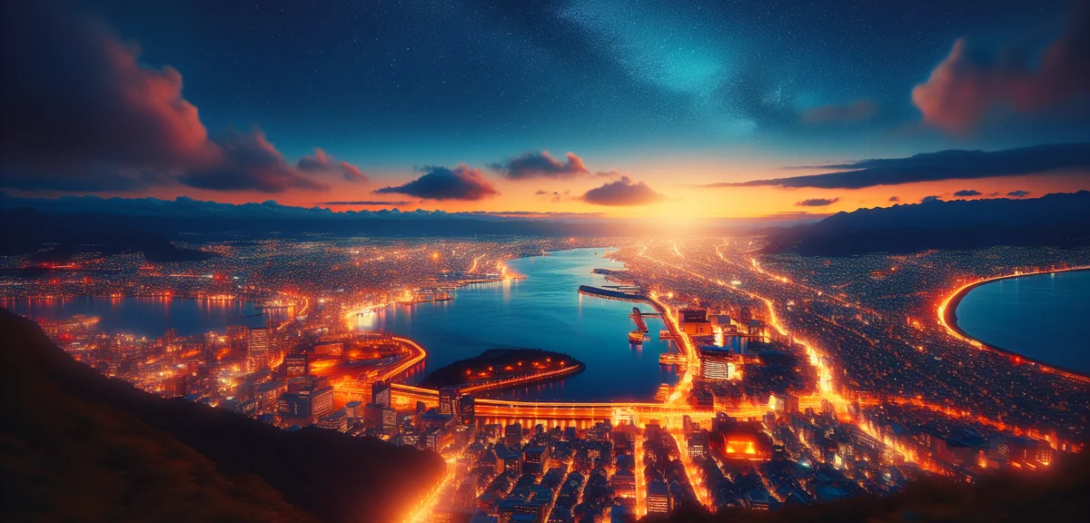 Hakodate night view from Mount Hakodate observatory with city lights reflecting on water, cinematic 