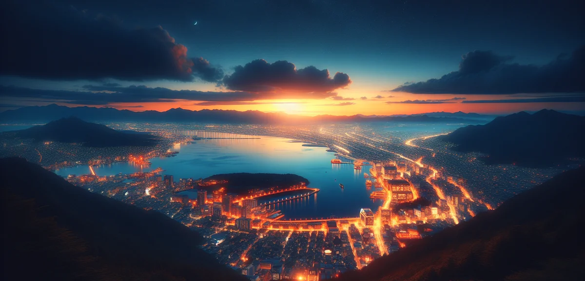 Hakodate night view from Mount Hakodate observatory with city lights reflecting on water, cinematic 