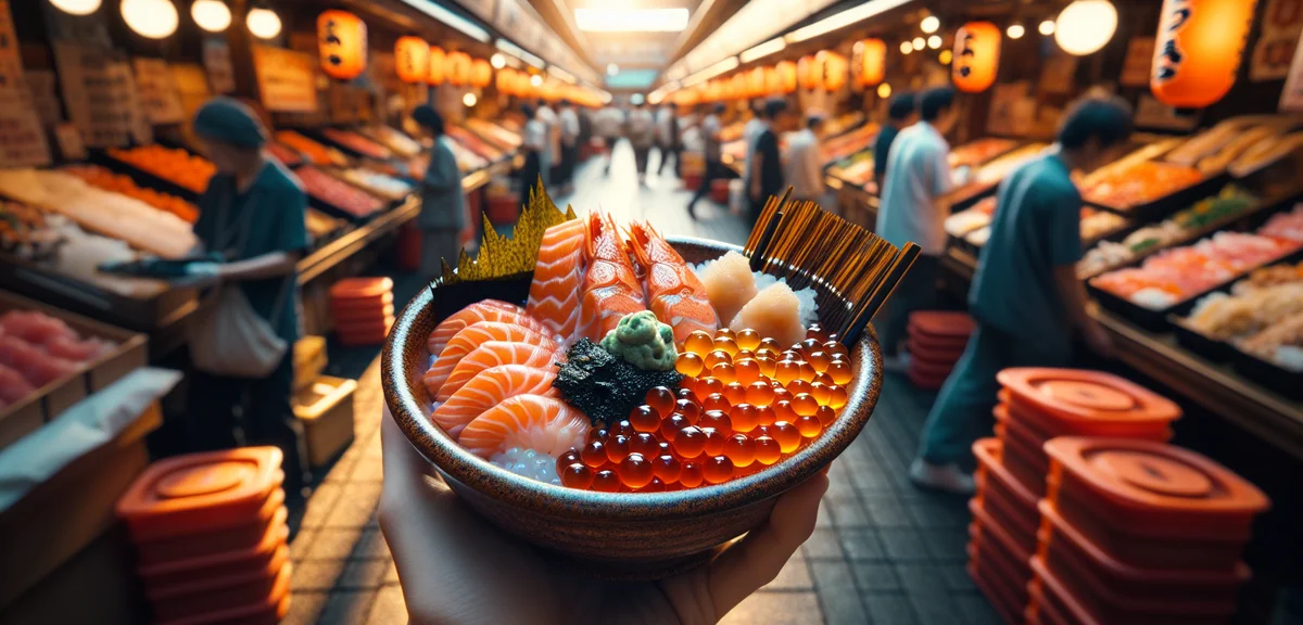 Fresh Hokkaido seafood bowl donburi with salmon roe and uni at Sapporo market, cinematic food photog