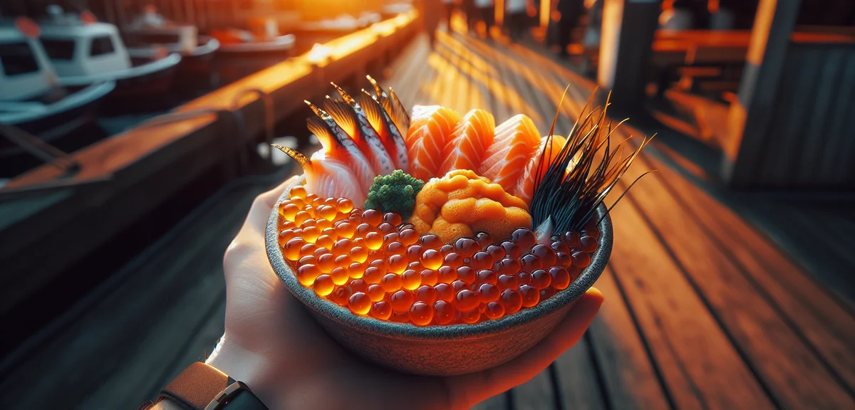 Fresh Hokkaido seafood bowl donburi with salmon roe and uni at Sapporo market, cinematic food photog