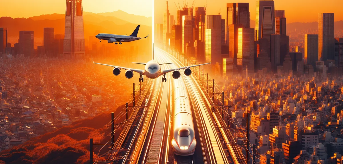 Split comparison of airplane and shinkansen for Tokyo-Fukuoka route, professional infographic photog