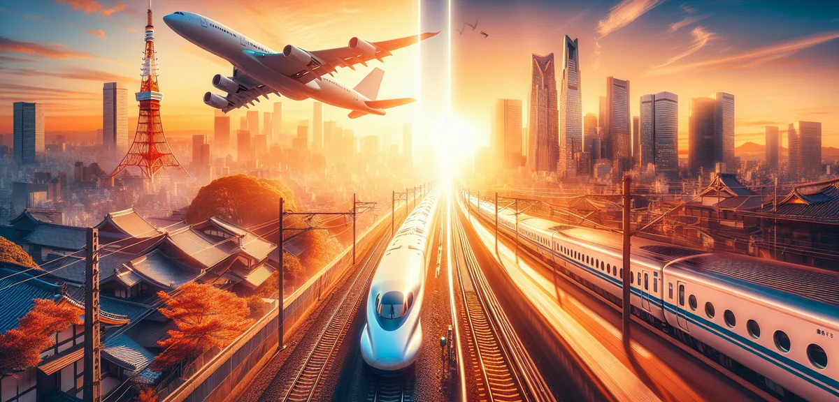 Split comparison of airplane and shinkansen for Tokyo-Fukuoka route, professional infographic photog