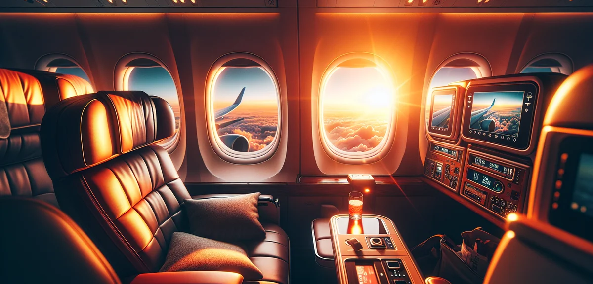 Comfortable airplane interior with leather seats and window view, professional aviation photography,