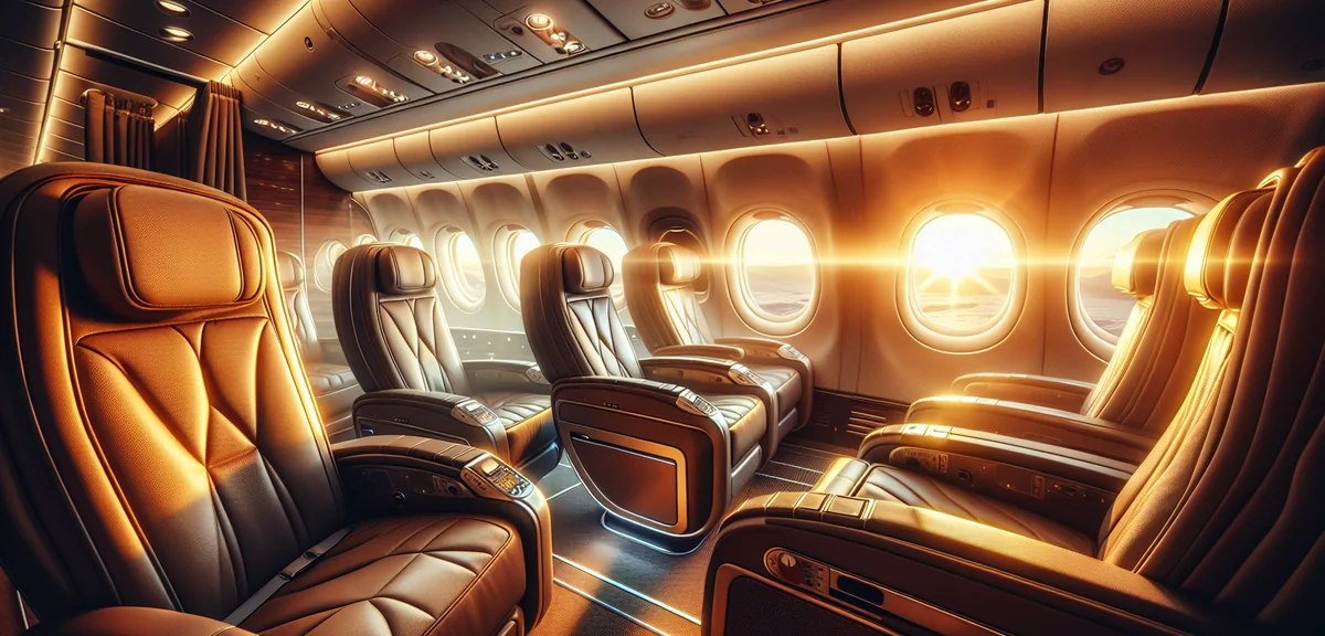 Comfortable airplane interior with leather seats and window view, professional aviation photography,