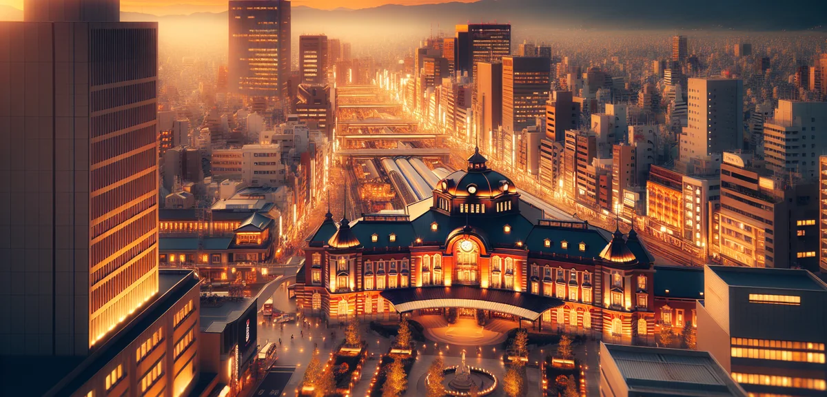 Hakata Station area at night with illuminated buildings and hotel district, professional cityscape p