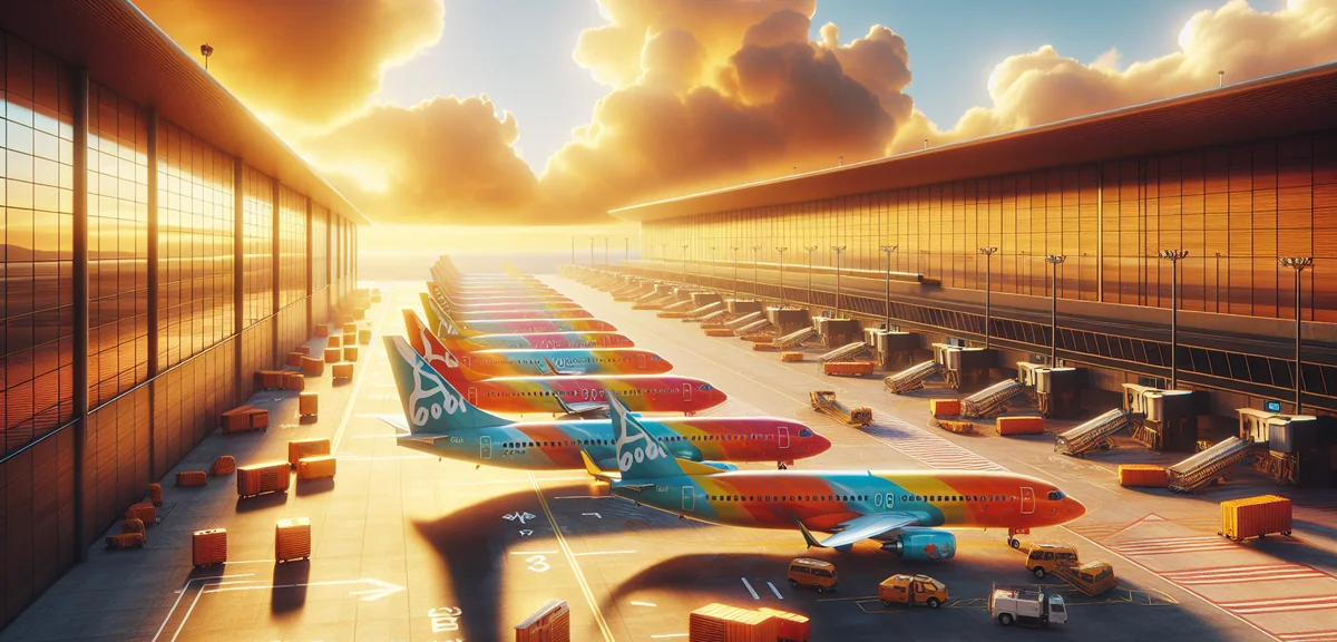 Row of colorful LCC budget airline planes at airport terminal gate, cinematic photography, bright da