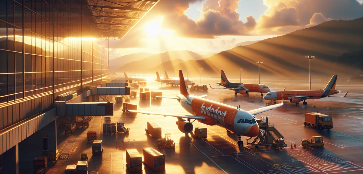 Row of colorful LCC budget airline planes at airport terminal gate, cinematic photography, bright da