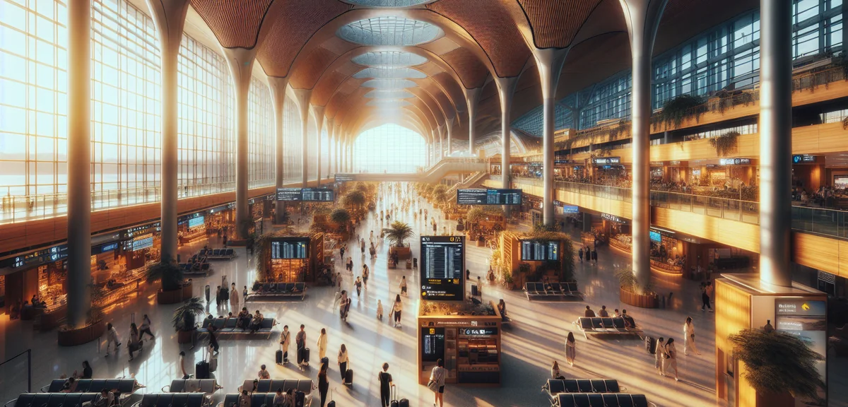 Incheon International Airport modern terminal interior with travelers, cinematic architecture photog