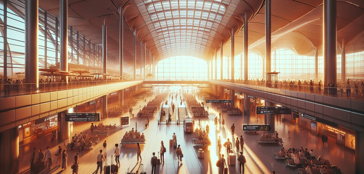 Incheon International Airport modern terminal interior with travelers, cinematic architecture photog