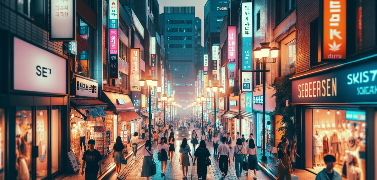Seoul Myeongdong shopping street at night with neon lights and crowds, cinematic street photography,