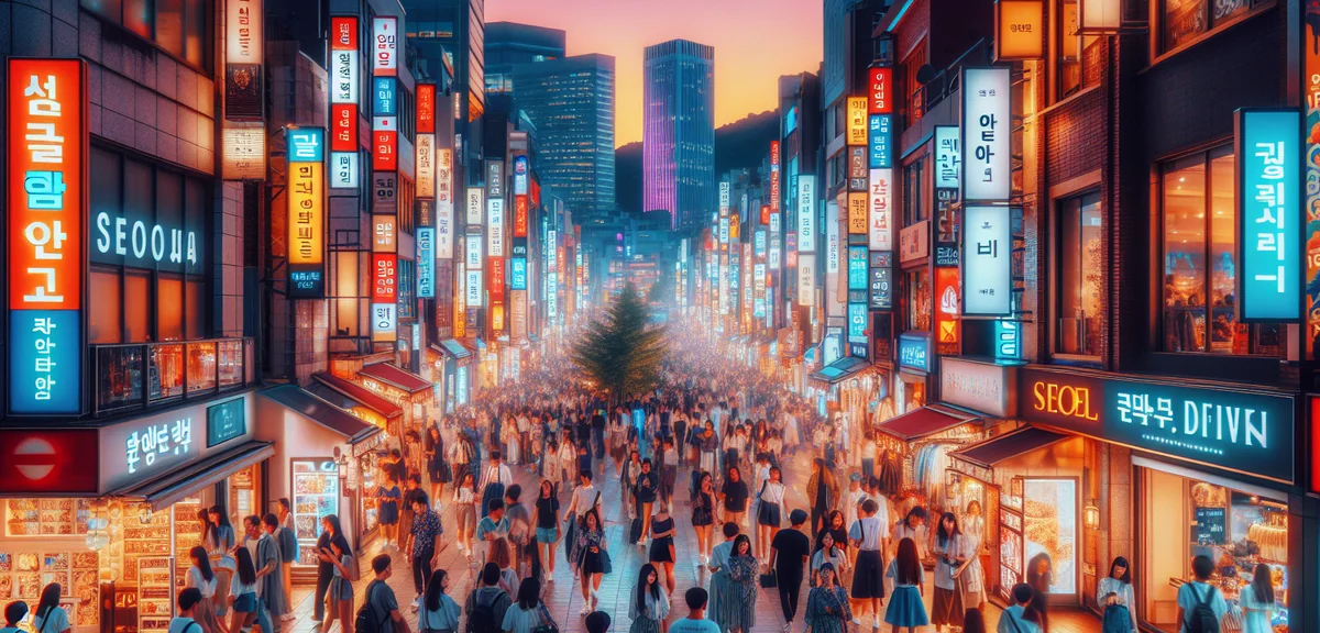 Seoul Myeongdong shopping street at night with neon lights and crowds, cinematic street photography,