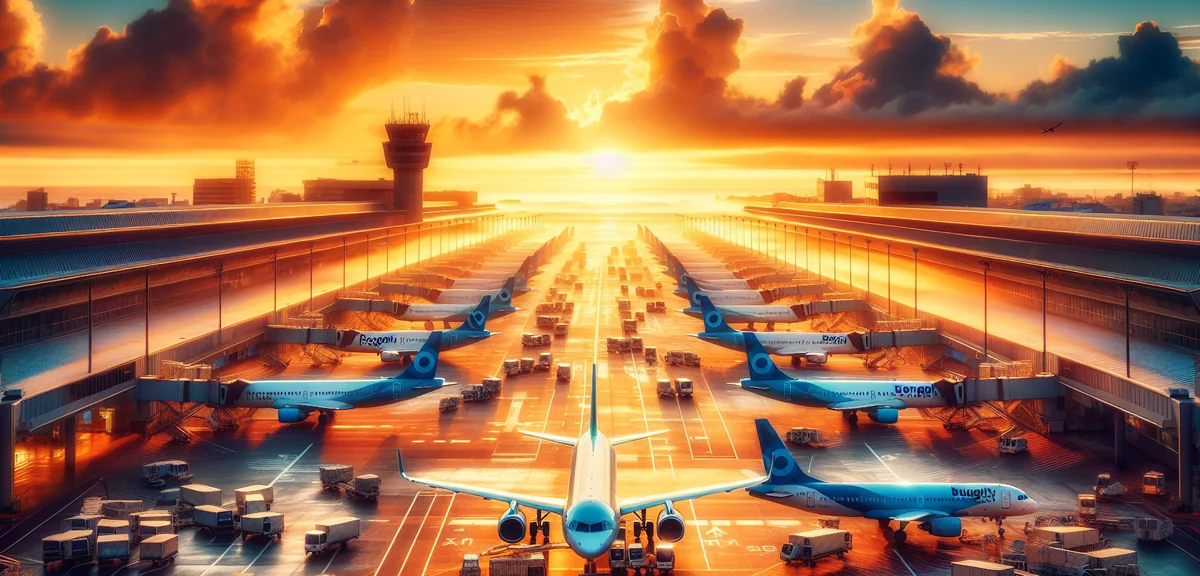 Budget airline planes lined up at Naha Airport terminal with blue sky, cinematic aviation photograph