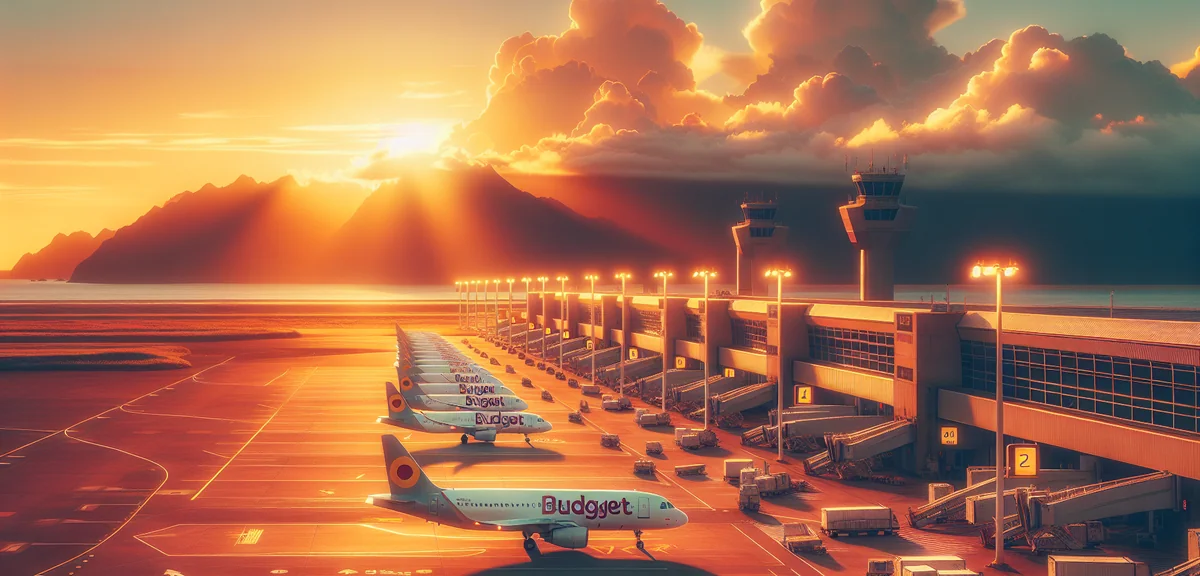 Budget airline planes lined up at Naha Airport terminal with blue sky, cinematic aviation photograph