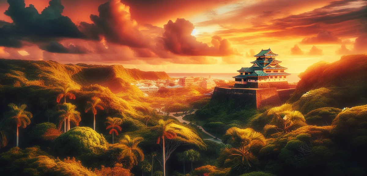 Okinawa Shuri Castle with dramatic sky and lush tropical greenery, cinematic landscape photography,