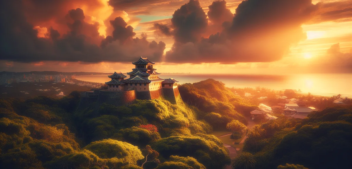 Okinawa Shuri Castle with dramatic sky and lush tropical greenery, cinematic landscape photography, 