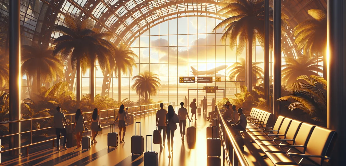 Happy travelers arriving at Naha Airport with tropical plants visible through windows, cinematic tra