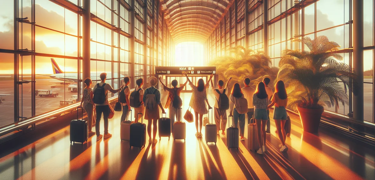 Happy travelers arriving at Naha Airport with tropical plants visible through windows, cinematic tra