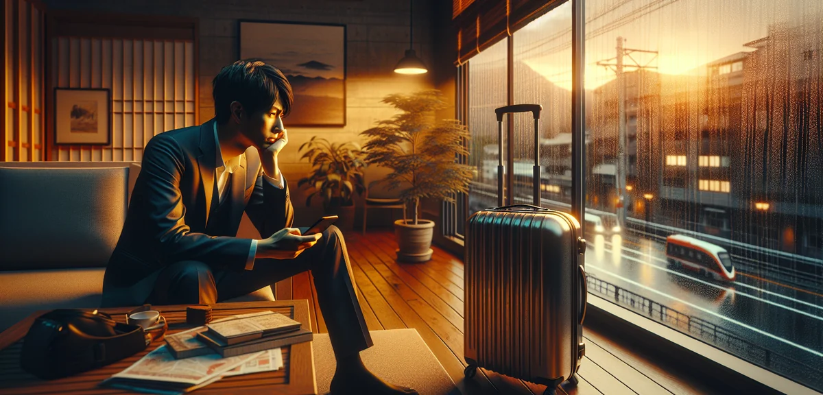 Worried Japanese businessperson looking at phone near packed suitcase in modern apartment, rainy wea