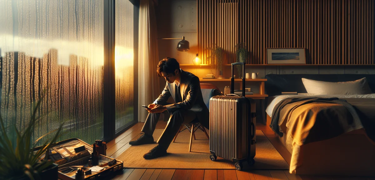 Worried Japanese businessperson looking at phone near packed suitcase in modern apartment, rainy wea