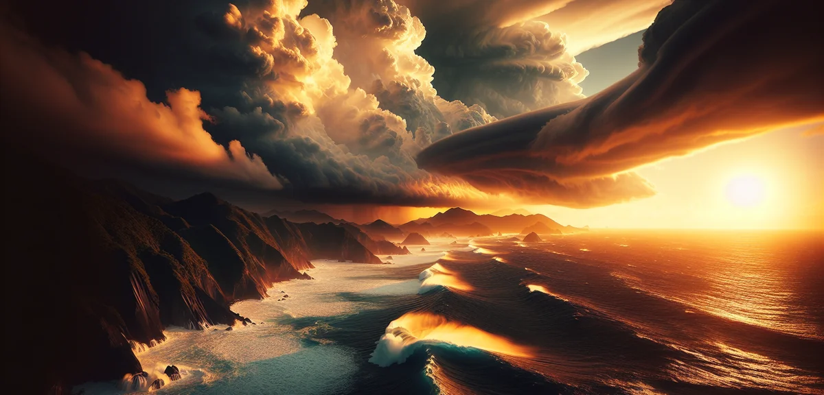 Typhoon approaching Japanese coastline with dramatic dark clouds over ocean, cinematic photography,