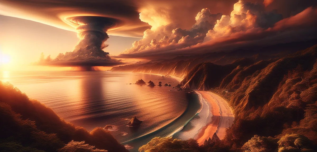 Typhoon approaching Japanese coastline with dramatic dark clouds over ocean, cinematic photography,