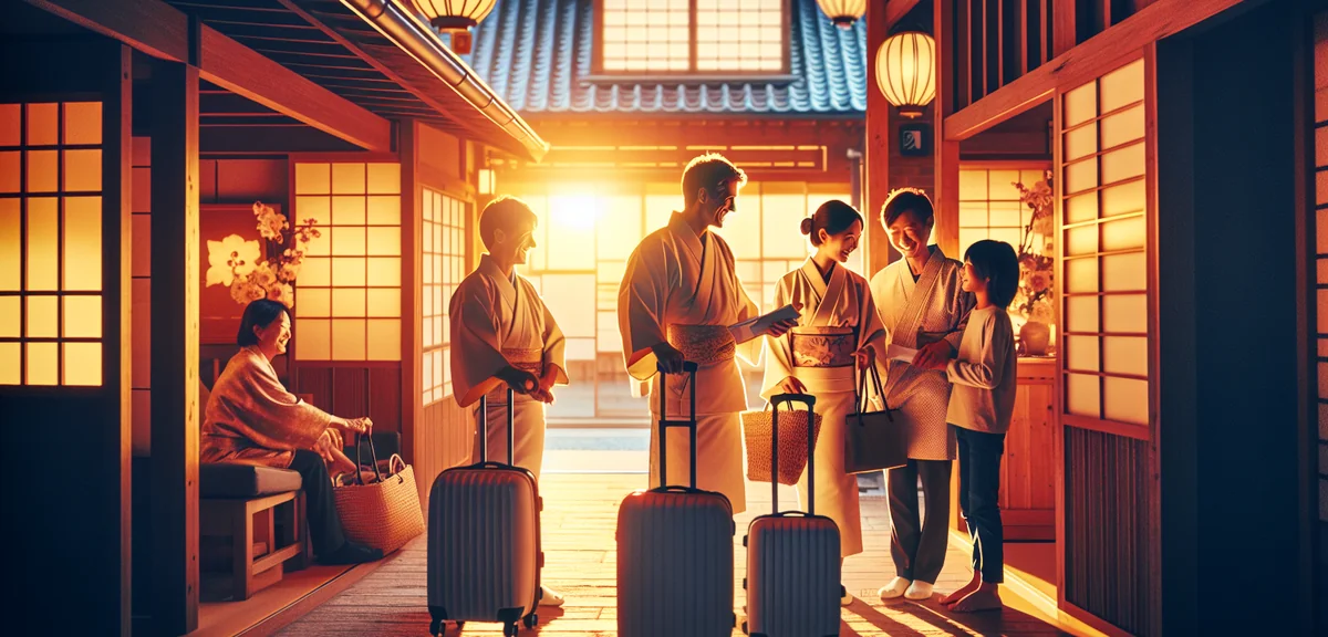 Happy Japanese family checking into traditional ryokan inn with luggage, warm welcoming atmosphere,