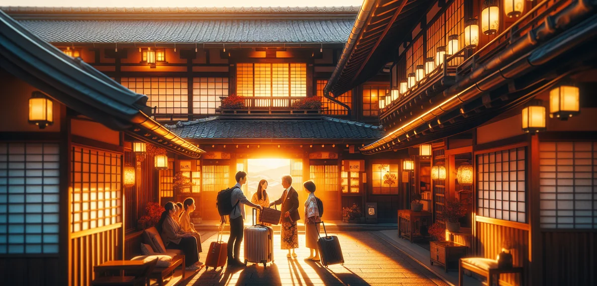 Happy Japanese family checking into traditional ryokan inn with luggage, warm welcoming atmosphere,