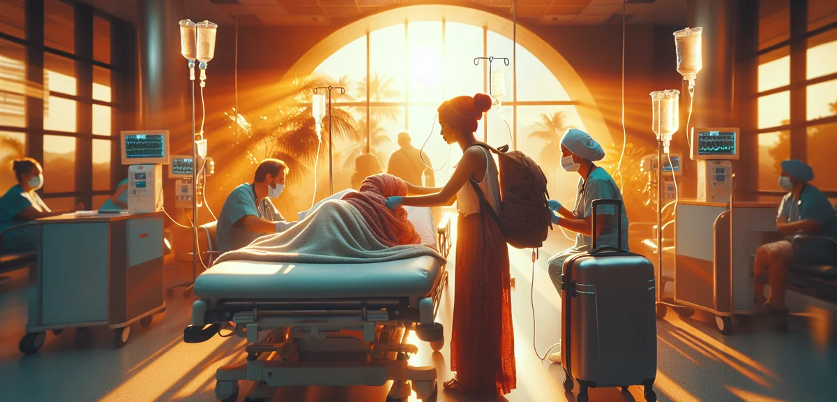 Tourist receiving medical treatment at modern hospital abroad, professional documentary photography,