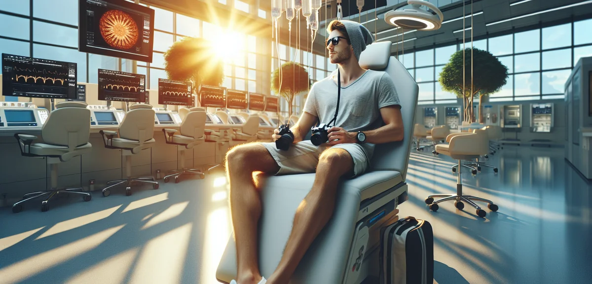 Tourist receiving medical treatment at modern hospital abroad, professional documentary photography,