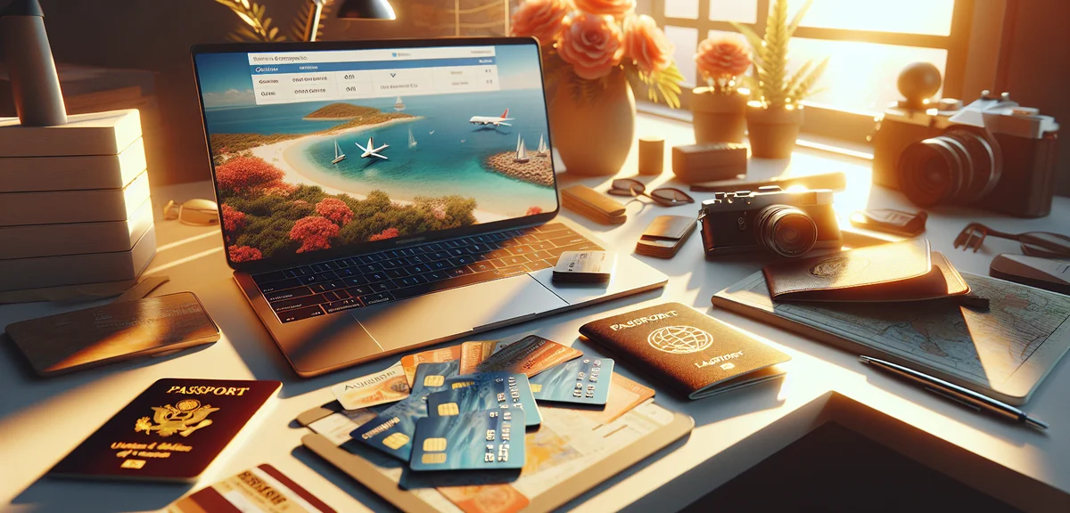 Credit cards spread on table with travel documents passport and laptop showing insurance comparison,