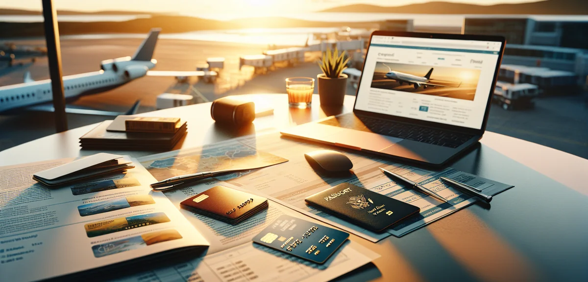 Credit cards spread on table with travel documents passport and laptop showing insurance comparison,