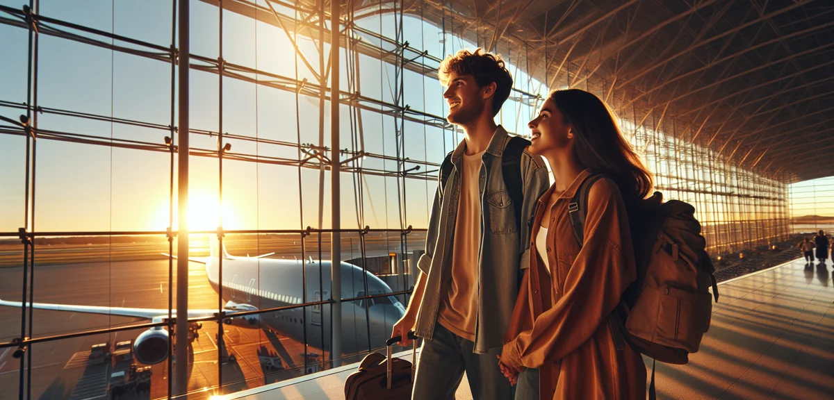 Young couple happily departing at international airport terminal with backpacks, large glass windows
