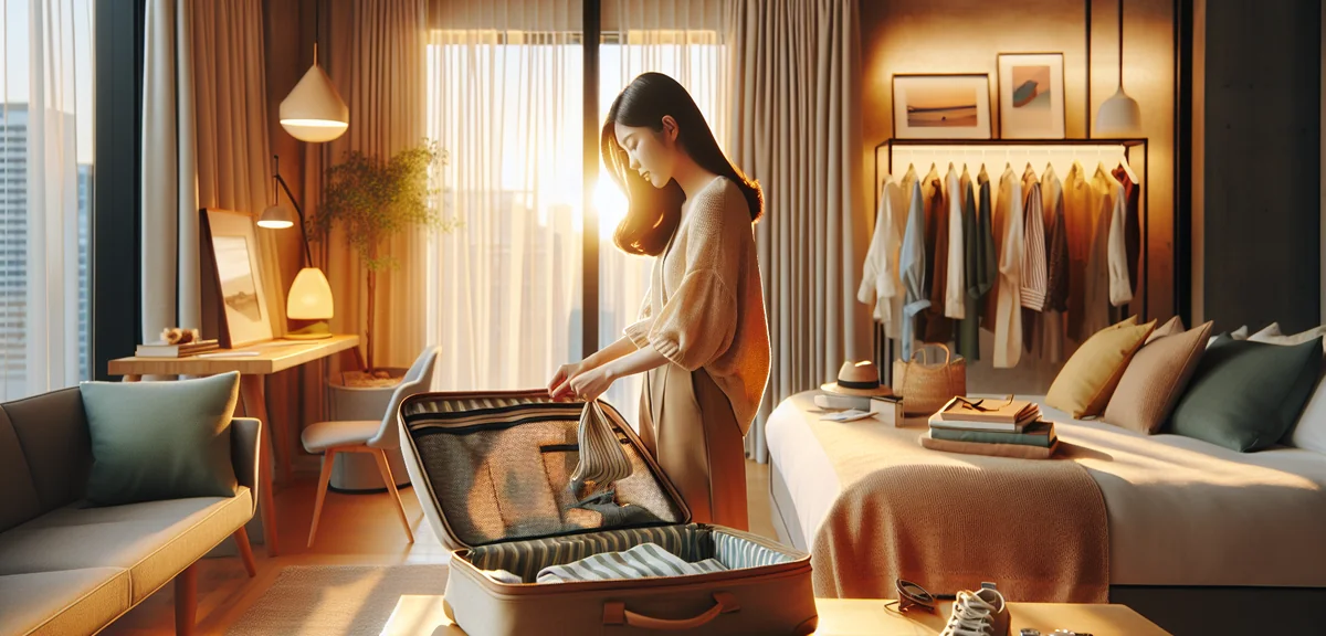 Woman packing minimalist travel bag in bright Japanese apartment with seasonal clothing items, profe