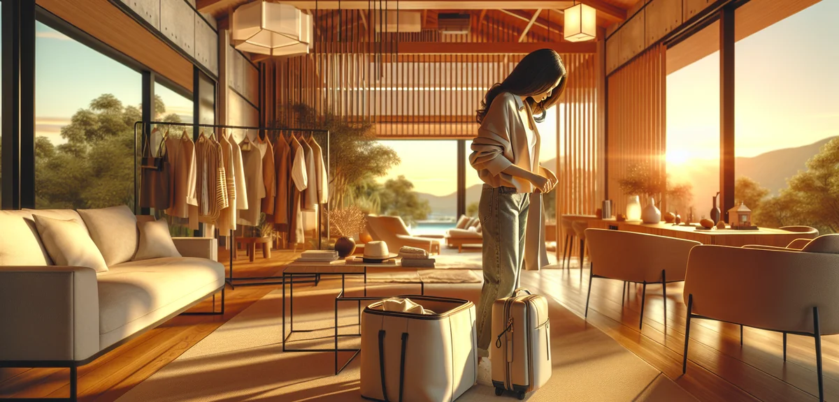 Woman packing minimalist travel bag in bright Japanese apartment with seasonal clothing items, profe