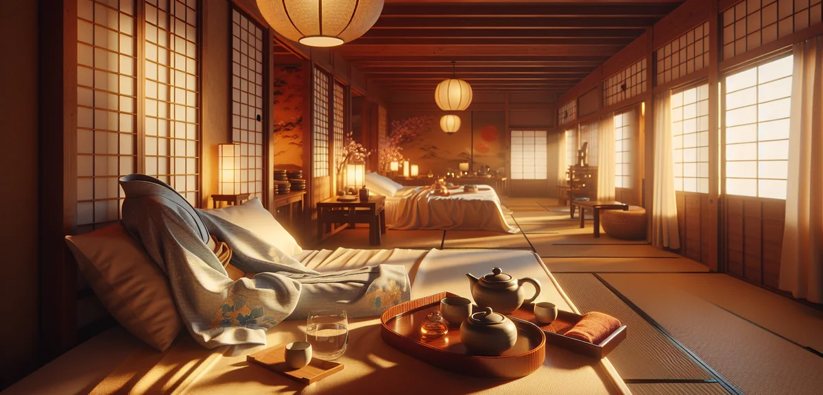 Japanese ryokan room showing provided amenities yukata towels and tea set, warm inviting atmosphere,