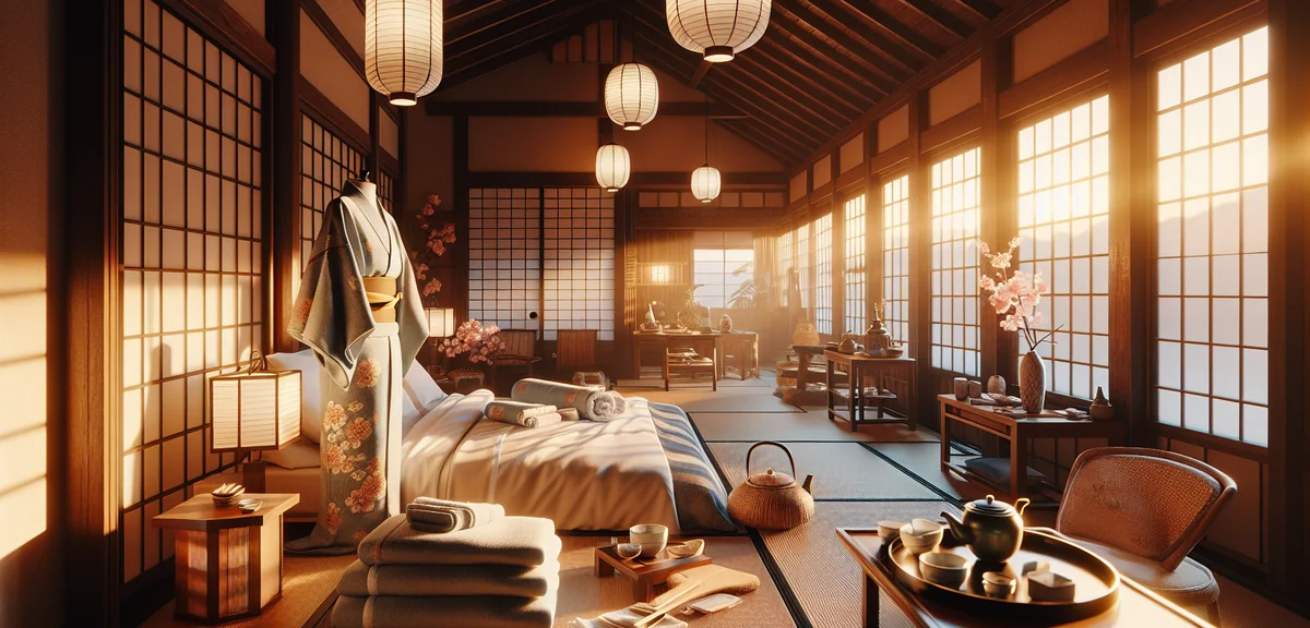 Japanese ryokan room showing provided amenities yukata towels and tea set, warm inviting atmosphere,