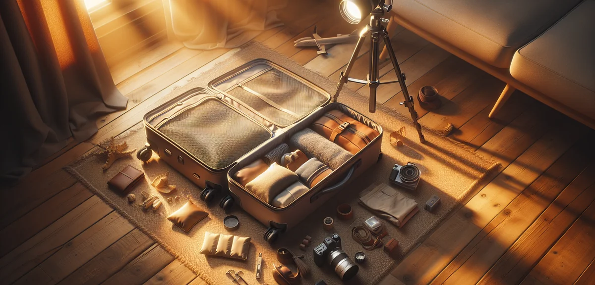 Compact carry-on suitcase perfectly packed with organized packing cubes and travel accessories, over