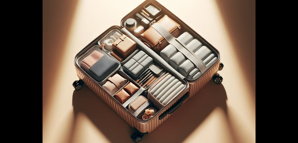 Compact carry-on suitcase perfectly packed with organized packing cubes and travel accessories, over