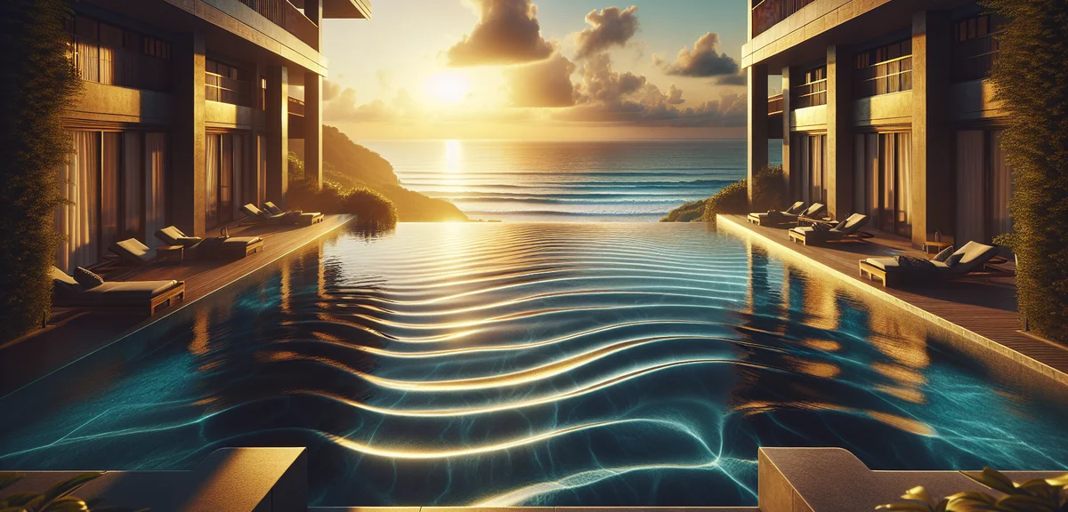 Luxurious Okinawa resort hotel with infinity pool and ocean view at sunset, cinematic photography, w