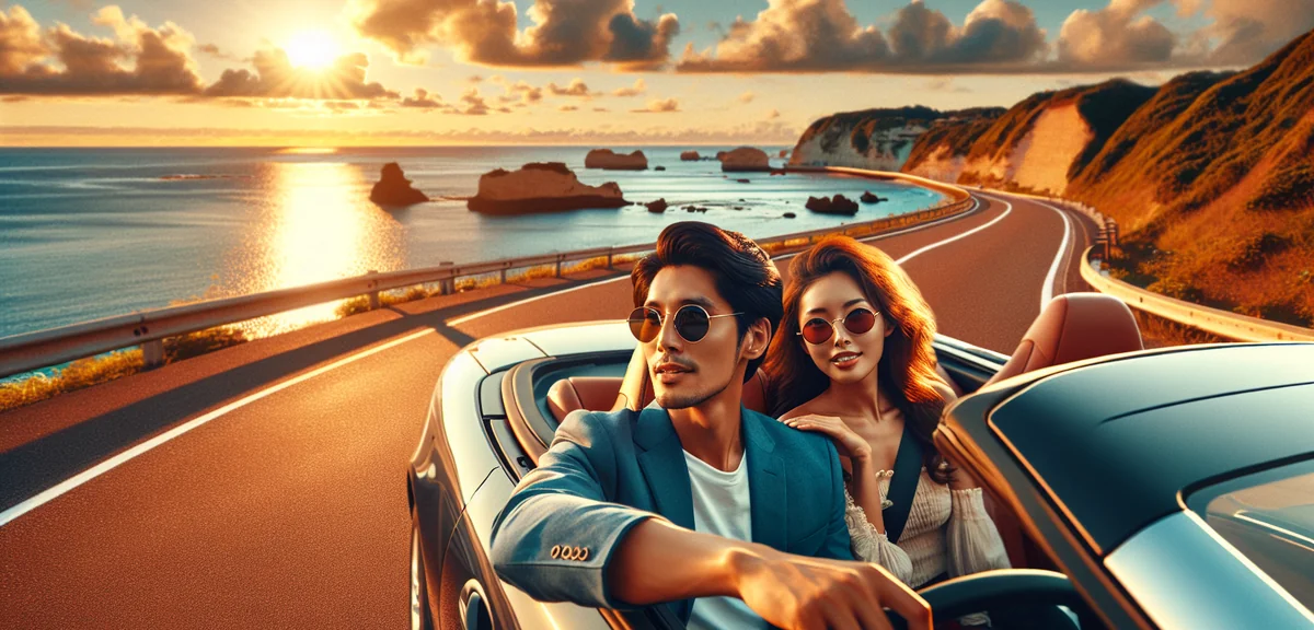 Couple driving convertible car along beautiful Okinawa coastal road with ocean view, cinematic photo