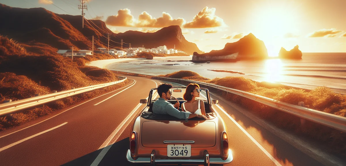 Couple driving convertible car along beautiful Okinawa coastal road with ocean view, cinematic photo