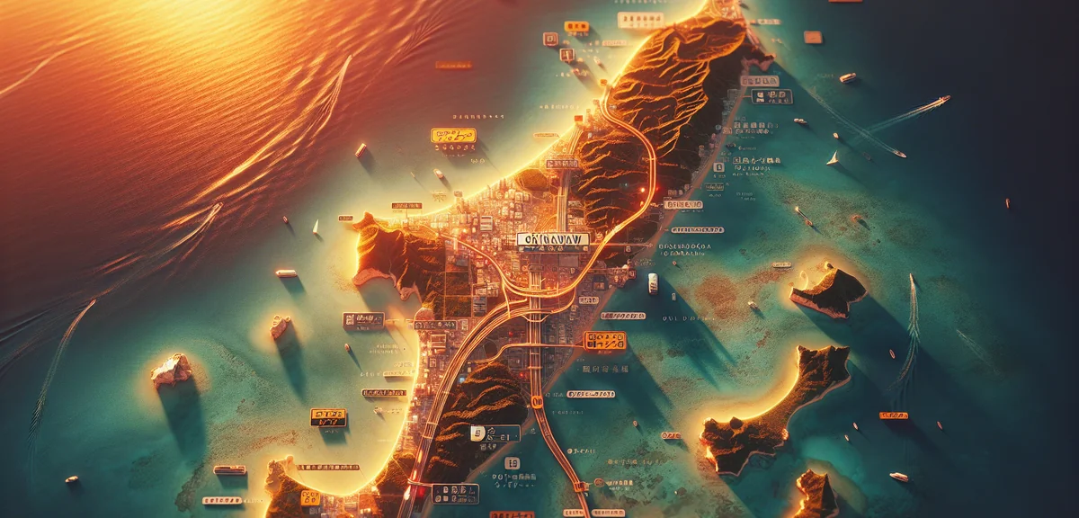 Map of Okinawa main island showing major tourist spots and driving distances, cinematic photography