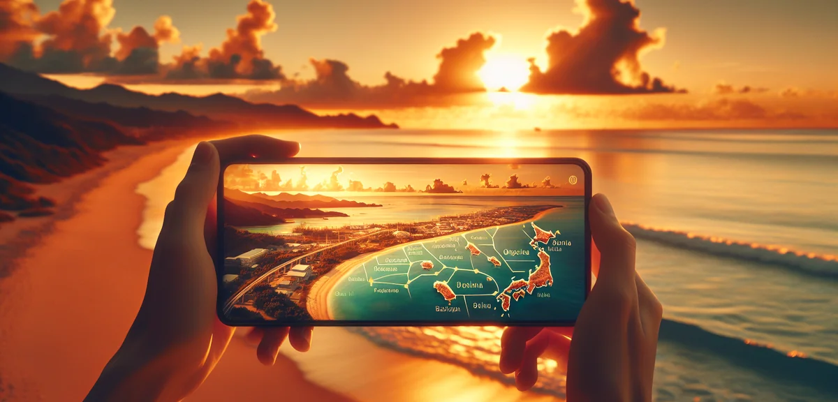 Map of Okinawa main island showing major tourist spots and driving distances, cinematic photography