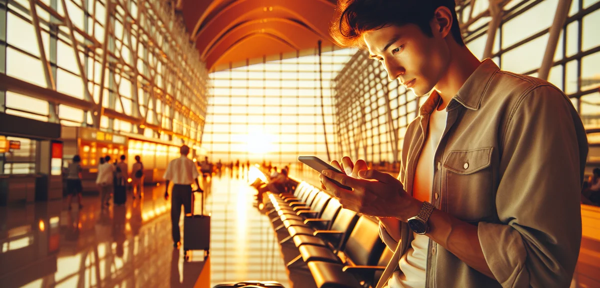 Person comparing rental car prices on smartphone at Okinawa airport, professional travel photography