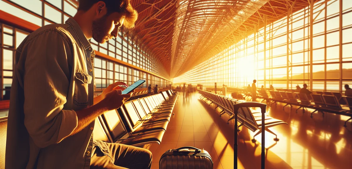 Person comparing rental car prices on smartphone at Okinawa airport, professional travel photography